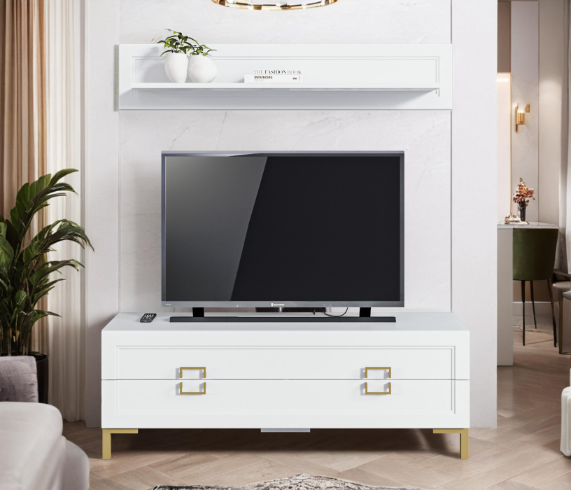 Стенки для гостиной, Комплект для гостиной, тумба ТВ и полка, Белый