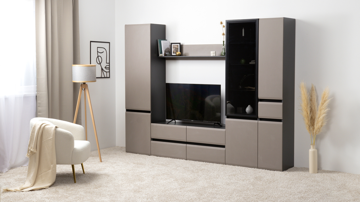 Шкафы распашные, Шкаф-витрина Сидней 13.201, антрацит, веллюто капучино