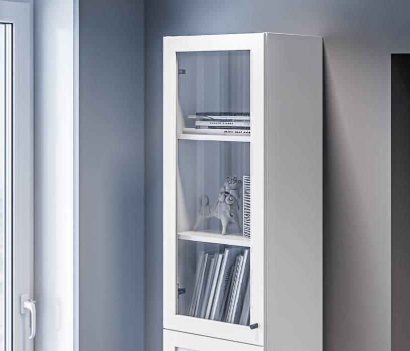 Прямые, Стеллаж Твин СБ-3372 Белый со стеклом и ящиком